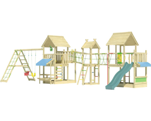 Großer Spielturm aus Holz mit Rutsche, Schaukel und Kletterwand für den Garten