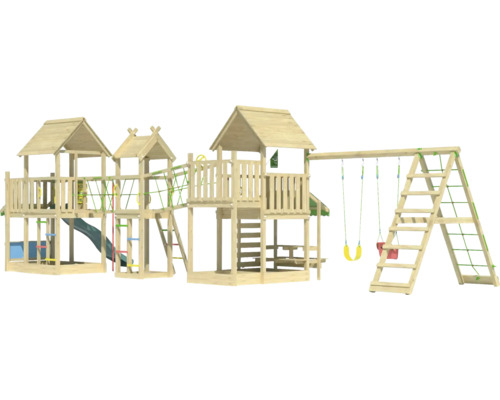 Holzspielplatz mit Rutsche, Schaukeln, Kletterwand und Spielturm