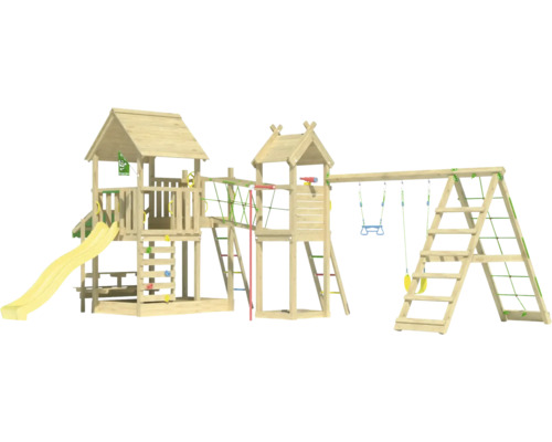 Spielanlage aus Holz mit Rutsche, Schaukeln, Kletterwand und Spielhaus für den Garten