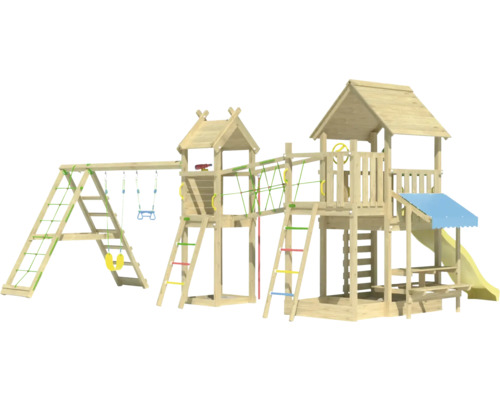 Holzspielplatz mit Schaukel, Rutsche, Kletterwand und zwei Spieltürmen.