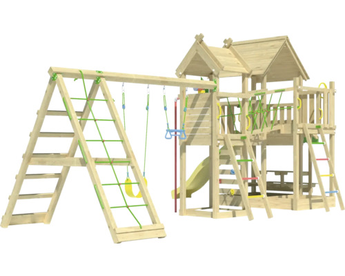 Holzspielturm mit Rutsche, Schaukel und Kletterwand für den Garten