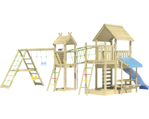Spielplatz aus Holz mit Schaukel, Rutsche und Kletterturm