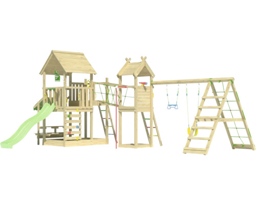 Spielplatz aus Holz mit Rutsche, Schaukel und Klettergerüst für den Außenbereich