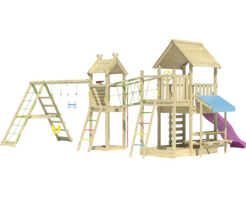 Spielanlage aus Holz mit Schaukel, Rutsche und Klettergerüst für den Garten