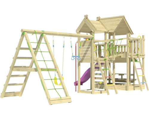 Spielturm mit Rutsche, Schaukel und Kletterwand aus Holz