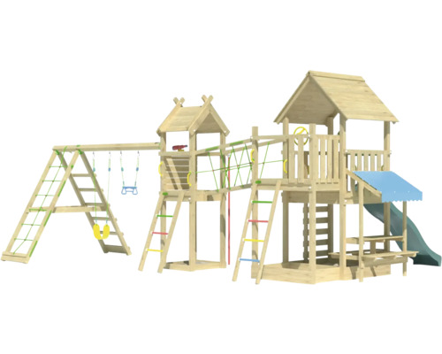 Spielanlage aus Holz mit Schaukel, Rutsche und Kletterturm