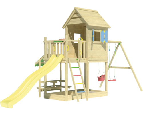 Spielanlage aus Holz mit Rutsche, Schaukel und Spielhaus für den Außenbereich