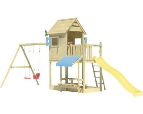 Spielplatz mit Schaukel, Rutsche und Spielhaus aus Holz