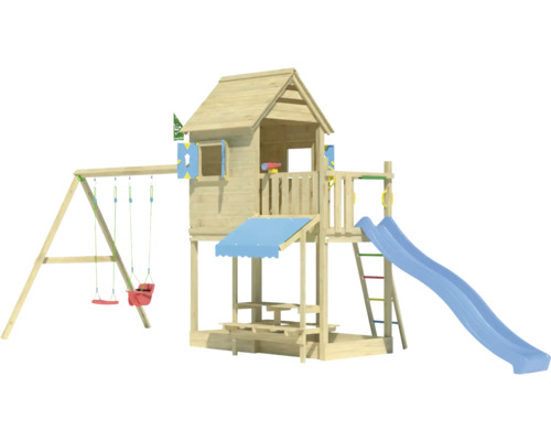 Spielplatz mit Rutsche, Schaukel und Spielhaus aus Holz
