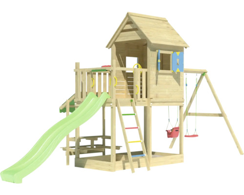 Spielturm aus Holz mit Rutsche und Schaukel