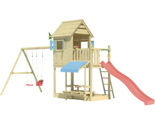 Spielturm mit Schaukel, Rutsche und Klettergerüst aus Holz für den Garten