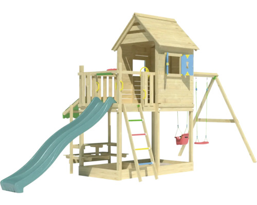 Spielturm aus Holz mit Rutsche und Schaukel für den Garten