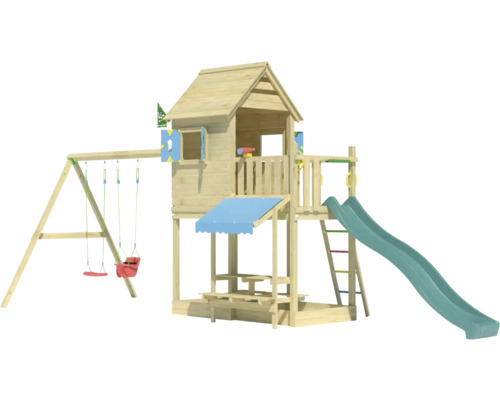 Spielplatz mit Schaukel, Rutsche und Spielhaus für den Garten