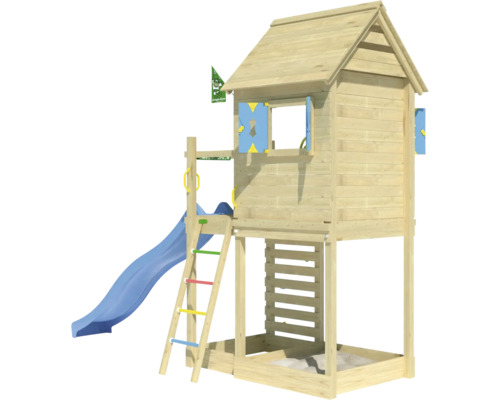 Spielturm aus Holz mit Rutsche, Leiter und Sandkasten