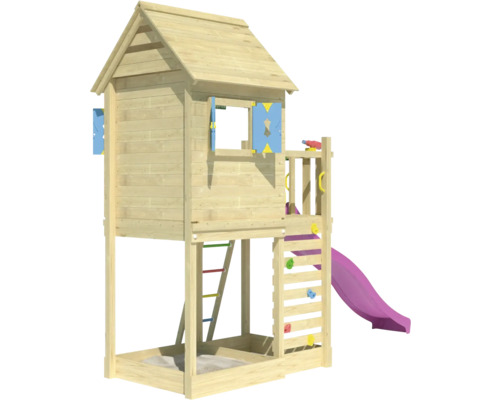 Holzspielhaus mit Rutsche und Sandkasten