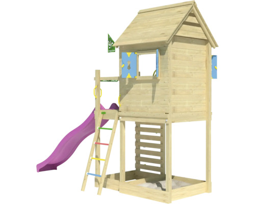 Spielturm mit Rutsche, Leiter und Sandkasten aus Holz