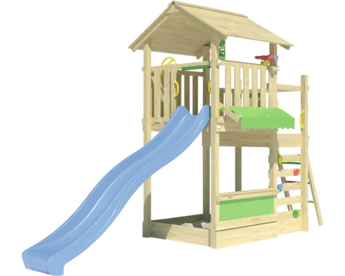 Holzspielturm mit Rutsche und Kletterwand für den Außenbereich