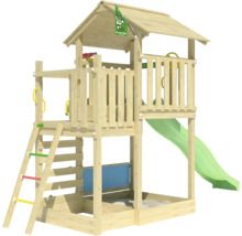 Spielturm aus Holz mit Rutsche und Sandkasten