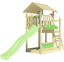 Spielturm mit Rutsche und Kletterwand aus Holz