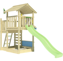 Holzspielturm mit Rutsche und Sandkasten