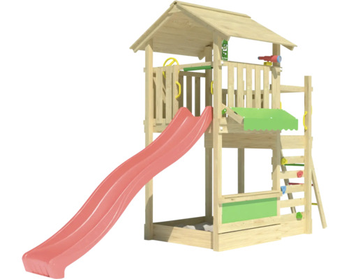 Spielturm mit Rutsche und Kletterwand für den Garten