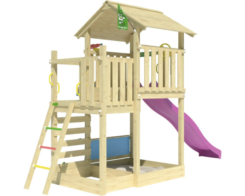 Holzspielturm mit Rutsche und Sandkasten für den Garten