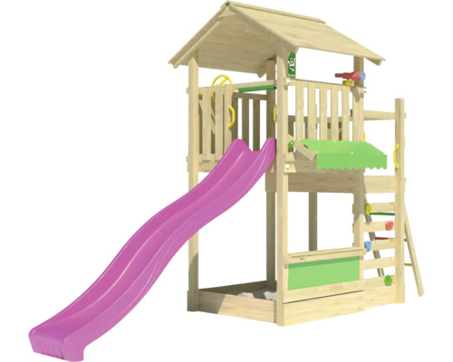 Spielturm aus Holz mit Rutsche und Sandkasten