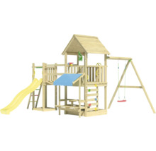 Spielplatz aus Holz mit Rutsche, Schaukel und Kletterwand