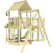 Spielturm aus Holz mit Rutsche und Schaukel