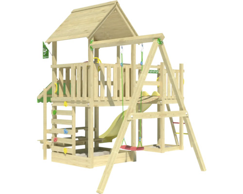 Spielturm aus Holz mit Rutsche und Schaukel