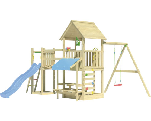 Holzspielplatz mit Rutsche und Schaukel
