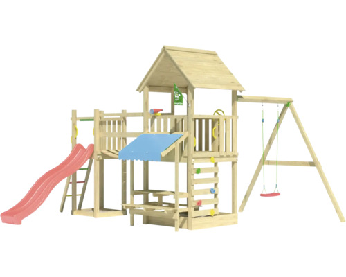 Holzspielplatz mit Rutsche, Schaukel und Kletterwand