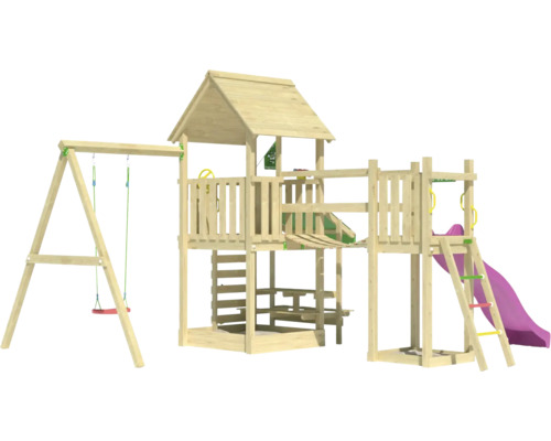 Spielplatz aus Holz mit Schaukel, Rutsche und Klettergerüst