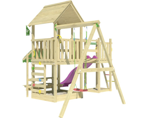 Spielturm mit Rutsche, Schaukel und Kletterwand aus Holz