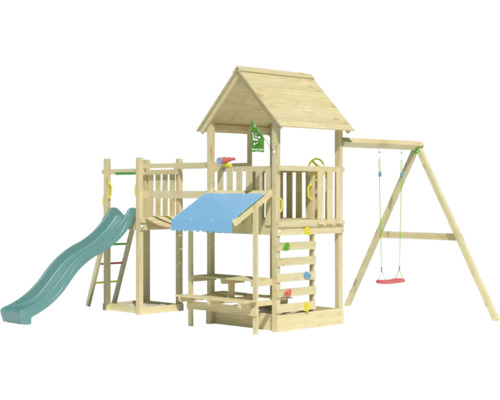 Spielturm mit Rutsche, Schaukel und Kletterwand für den Garten