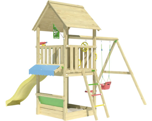 Spielturm aus Holz mit Rutsche, Schaukel und Sandkasten