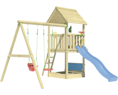 Spielturm aus Holz mit Schaukel, Rutsche und Leiter