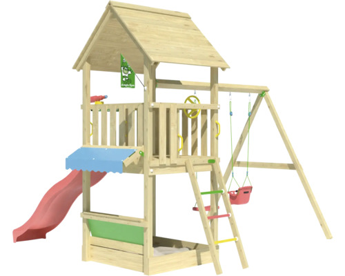 Spielturm mit Rutsche, Schaukel und Sandkasten für den Außenbereich