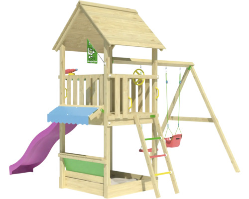 Spielturm aus Holz mit Rutsche, Schaukel und Klettergerüst