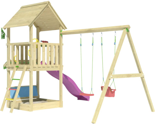 Spielturm mit Rutsche und Schaukel aus Holz