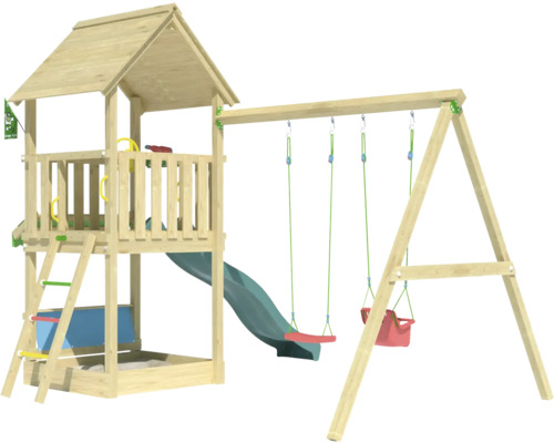 Spielturm aus Holz mit Rutsche, Schaukel und Sandkasten