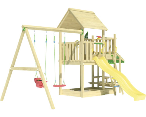 Holzspielturm mit Schaukel und Rutsche für den Außenbereich