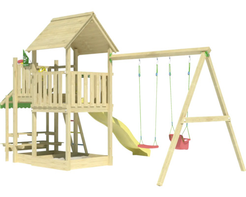 Spielturm aus Holz mit Rutsche und Schaukel für den Garten