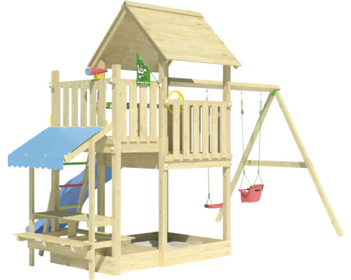 Spielplatz mit Turm, Rutsche und Schaukel aus Holz