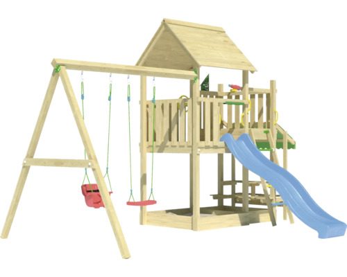 Holzspielplatz mit Rutsche und Schaukel für den Garten