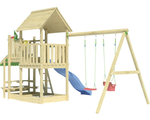 Holzspielplatz mit Schaukel, Rutsche und Spielturm