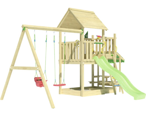 Spielturm mit Schaukel, Rutsche und Spielhaus aus Holz