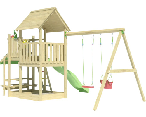 Spielturm aus Holz mit Schaukel, Rutsche und Sandkasten