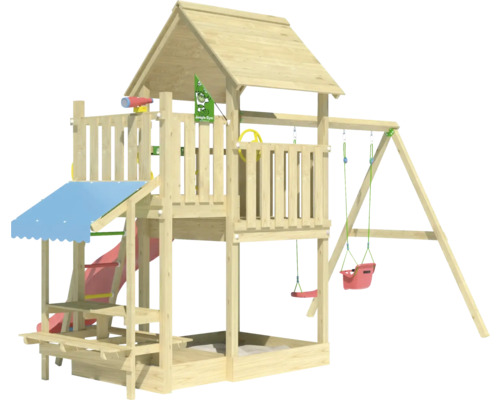 Spielturm mit Rutsche, Schaukel und Sandkasten