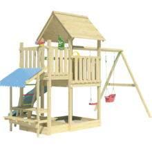 Spielturm aus Holz mit Rutsche, Schaukel und Sandkasten